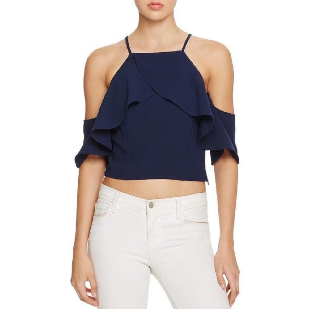 NWT J.O.A. Bloomingdales Size Small Navy Blue Crop Blouse Cold Shoulder Ruffle